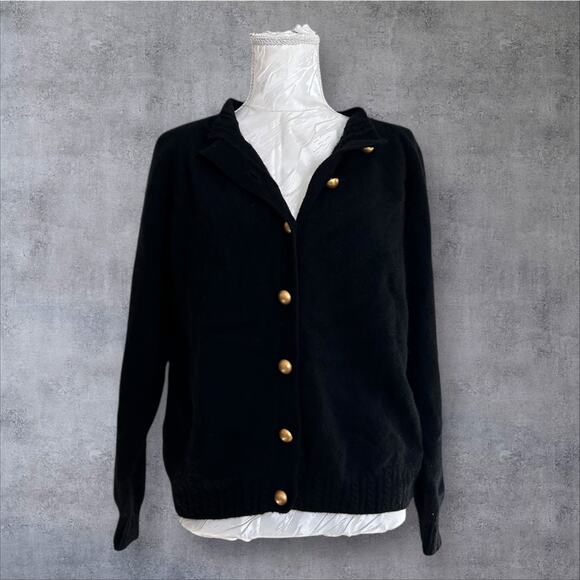 Vintage Black Lambs Wool Cardigan Sweater Womens Sz Medium Gold Button Angora - Picture 1 of 16